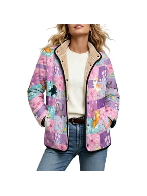 Patchwork Cat Floral Womens Fleece Button Down Winter 3XL