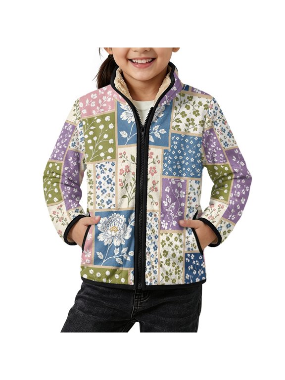 Patchwork Floral Pattern Zip up Fleece Jacket Skin-Friendly Casual Toddler Boys Girls Fleece Jacket for Winter Fall, Polyester Fleece Jackets