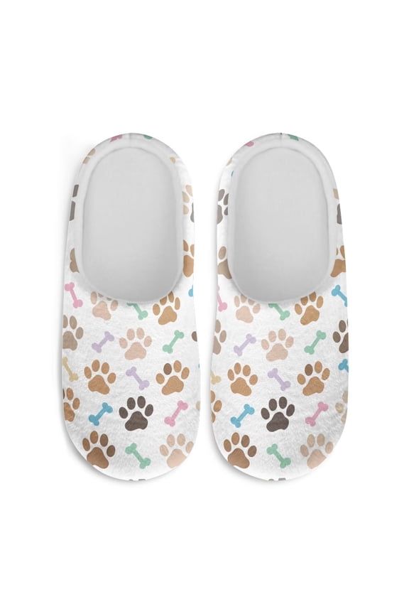 Paw Print Bone Pattern Women's Casual Slippers Soft Plush Fuzzy Comfy Non Slip Indoor Outdoor House Shoes Warm Cozy Memory Foam Sole Lightweight
