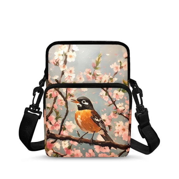 Chririnla Phone Cross Body Bags for Travel, Lightweight Double Deck Crossbody Bag for Women Cherry Blossom Bird Print Crossbody Bags