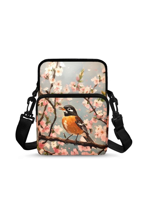 Phone Cross Body Bags for Travel, Lightweight Double Deck Crossbody Bag for Women Cherry Blossom Bird Print Crossbody Bags