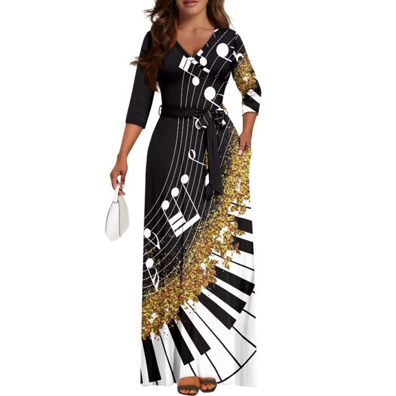 Chririnla Piano Keys Music Plus Size Maxi Wrap Dresses for Curvy Women Three-Quarter Sleeve Waist Dress Casual T Shirt V Neck Floor Length Dresses with Belt