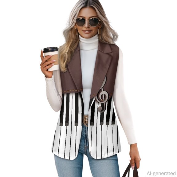 Chririnla Piano Keys Treble Clef, Button Down Slim Fit Women's Sleeveless Waistcoat Vest Lightweight Women's Sleeveless Suit Vest for Work Spring 2026