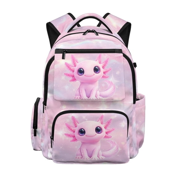 Chririnla Pink Axolotl Galaxy Print Toddler Bookbag with Side Pockets Waterproof School Backpack, Water Repellent 17 Inch Backpack for School Girls for Daily Use Elementary School Back to School