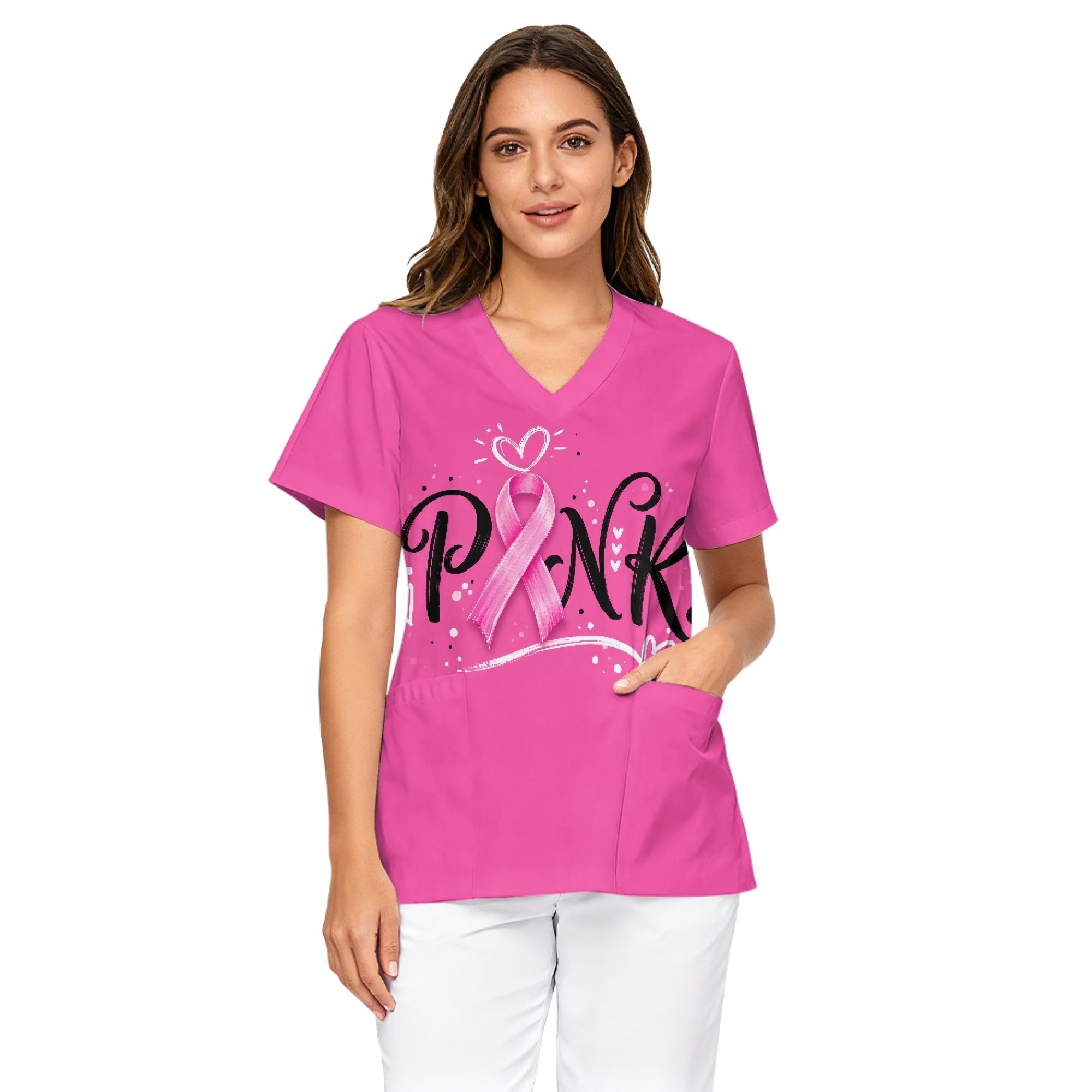Medical Service Ribbon Chririnla Pink Breast Cancer Ribbon V-Neck Medical Top Scrubs for Women ...