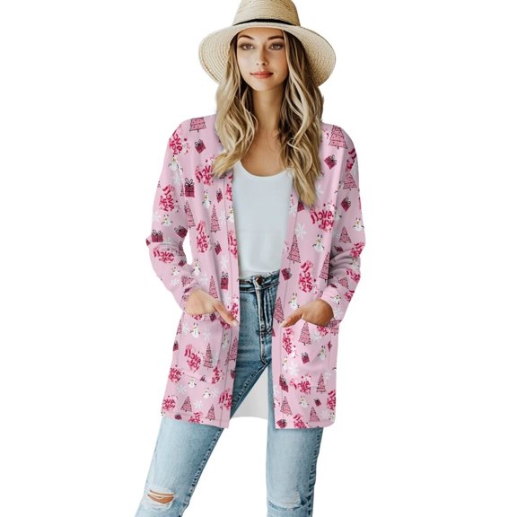 Chririnla Pink Christmas Tree Womens Long Sleeve Lightweight Cardigans Kimono Coverups Classic Open Front Cardigans Drape Fall Long Sleeve Sweater Outwear Loose Coat with Pockets