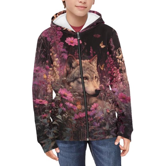 Chririnla Pink Flowers Wolf Teens Casual Zip Up Hoodie Long Sleeve Soft with Pockets Comfy Trendy Top for Daily Use Size 8-10