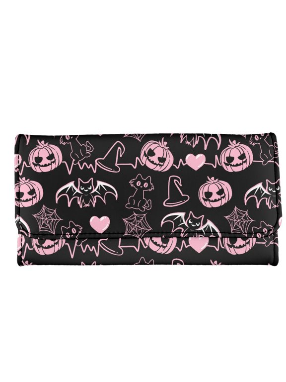 Pink Halloween Pattern Large Capacity Long Wallet, PU Leather Money Organizer Soft Handheld Clutch Wallet for Travel Outings
