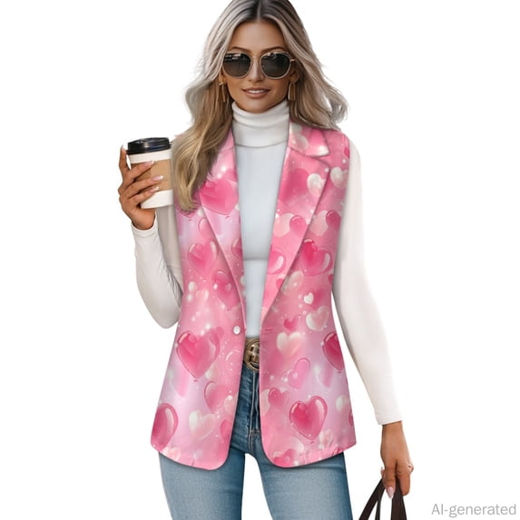 Chririnla Pink Heart, Versatile Sleeveless Business Waistcoat for Work Summer Spring, Loose Fit Women's Sleeveless Waistcoat Vest
