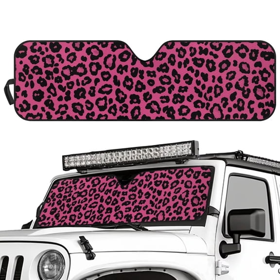 Chririnla Pink Leopard Print Windshield Sun Shade for Wrangler JL JLU & Gladiator, Funny Driving Front Window Sun Visor Blocks UV Rays Sunshade Heat Shield Accordion Foldable,1pc
