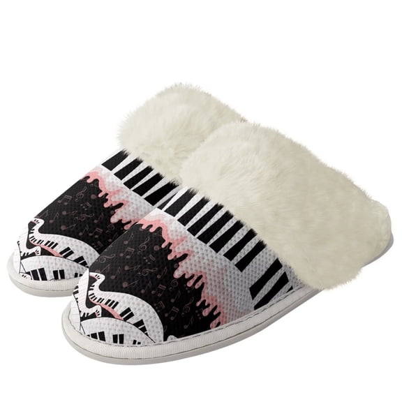 Chririnla Pink Note Print Plush House Slippers for Men Warm Piano Plush Bedroom Shoes with Fur Edges, Casual Non-Slip Fuzzy Slippers