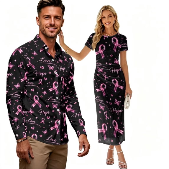Chririnla Pink Ribbon Print Couple Clothes Breast Cancer Awareness Couples Matched Outfits Long Sleeve Dress Shirts for Men or Mesh Pencil Dress Bodycon Sundress for Women,S-3XL