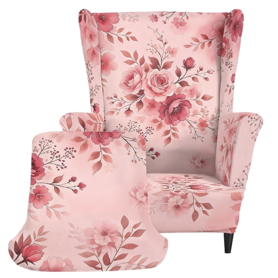 Chririnla Pink Rose Floral 2 Piece Wingback Chair Cover, Removable Soft Single-Seat Wingback Armchair Covers Spandex Wingback Chair Slipcover for Living Room Bedroom