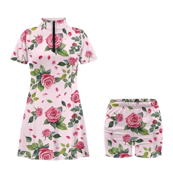 Chririnla Pink Rose Love Print Tennis Dress for Women with Built in Shorts and Pockets Slim Fit Valentine's Day Sundress Womens Casual Athletic Sports Running Workout Dresses