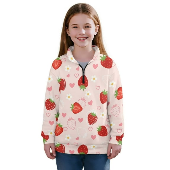 Chririnla Pink Strawberry Daisy Girls Trendy Fall Hoodies Quarter Zip Up Sweatshirt Pullover Sweatshirts Cute Fashionable for School Daily Wear Size 13-14
