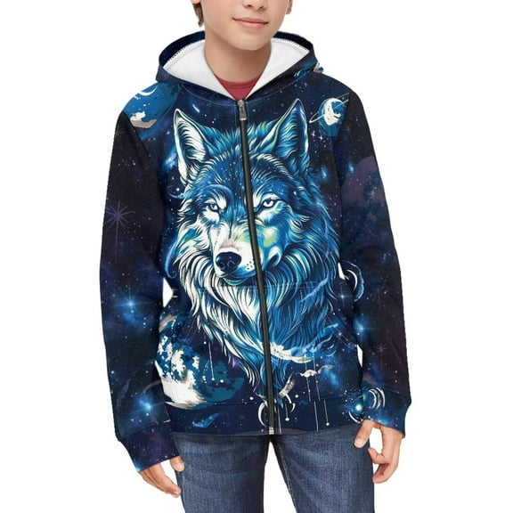 Chririnla Planet Art Wolf Youth Athletic Top Zip Up Hoodie Long Sleeve with Pockets Lightweight Sports Jacket Boys Size 14-16