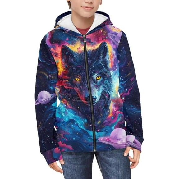 Chririnla Planets Artist Wolf Lightweight Zip Up Hoodie for Boys Girls Long Sleeve with Pockets Comfy Casual Fall Outerwear ​​Size 14-16​​