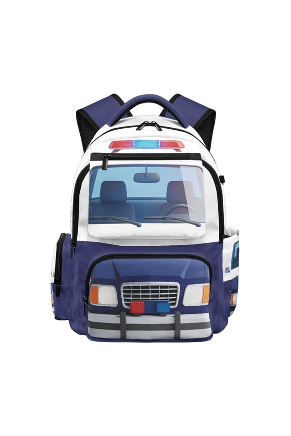 Police Car Print Kids 17 Inch Backpack for Boys 5th Grade Bookbag Large Capacity Travel Ruckpack with Front Zipper Soft School Bag for Hiking Camping