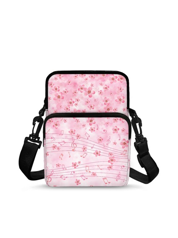 Polyester Crossbody Purse Double Layer Lightweight Crossbody Bags for Shop, Cherry Blossom & Musical Notes Pattern Cross Body Bags