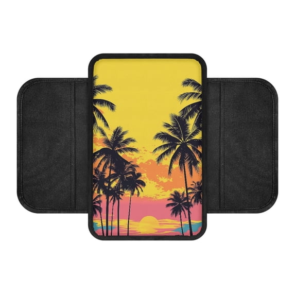 Chririnla Polyester Fabric Car Armrest Cover Comfort Storage Pockets on Both Sides Car Center Armrest Cushion for Sedan, Sunset Palm Tree Pattern Auto Armrest Cover