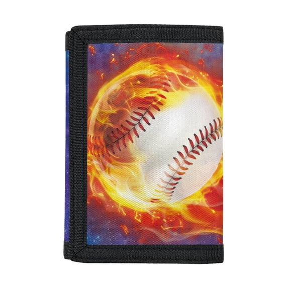 Chririnla Polyester Fabric Children's Wallet with Magic Sticker Zipper Closure, Flaming Baseball Trifold Pouch for Outdoor Sports