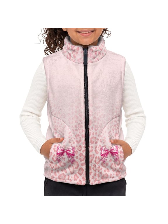 Polyester Kid Outerwear Vest with Lightweight Breathable Children's blanket warm vest for Fall, Leopard Print With Bows Kids Polar Fleece Vest Jacket
