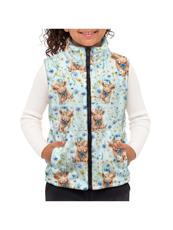 Polyester Kids Polar Fleece Vest Jacket with Zip Up with Pockets Children's blanket warm vest for Sports, Daisy and Calf Pattern Kids Fleece Vest