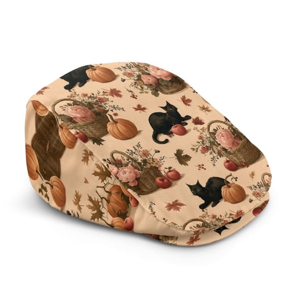 Chririnla Polyester Newsboy Hat for Casual Outings Hiking Travel, Lightweight Soft Retro Flat Cap for Men and Women, Autumn Black Cat Pumpkin