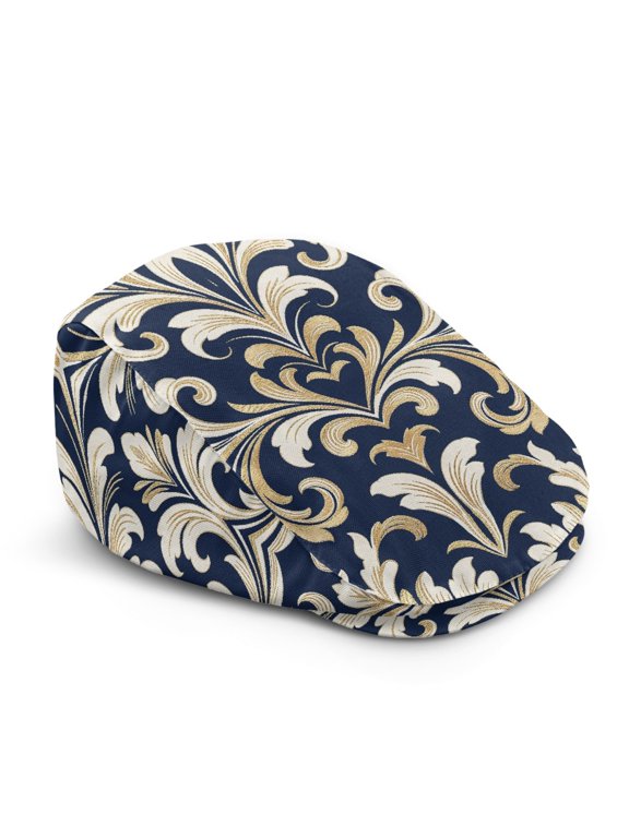 Polyester Newsboy Hat for Casual Outings and Driving, Adjustable Durable Flat Beret Cap for Men and Women, Gold Baroque Scroll Pattern