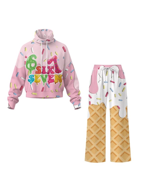 Polyester Spandex Women Lounge Sets 2 Piece Outfits for Autumn Neighborhood Walking Weekend, Soft Wide Leg Travel Track Suits, Ice Cream Pattern