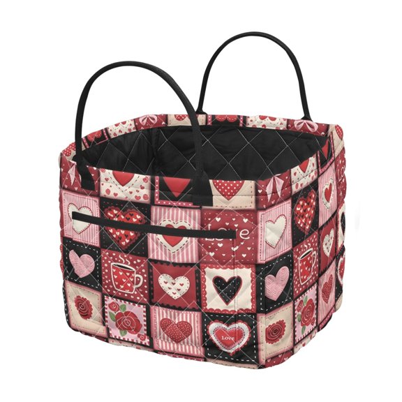 Chririnla Portable Quilted Storage Basket for Toys, Valentine Heart Patchwork Polyester Quilted Foldable Laundry Basket for Bedroom Camping