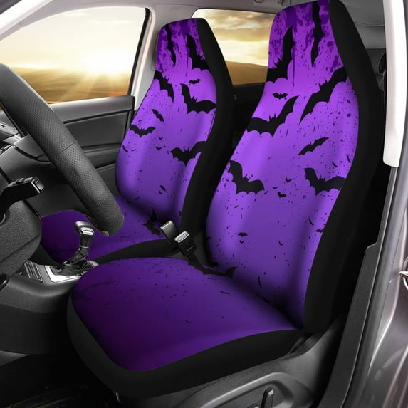 Chririnla Purple Black Bat Halloween Print Auto Seat Covers 2pc Set Easy Install Full Wrap Durable Elastic Bucket Seat Covers Elastic Back,fit Most Vehicle