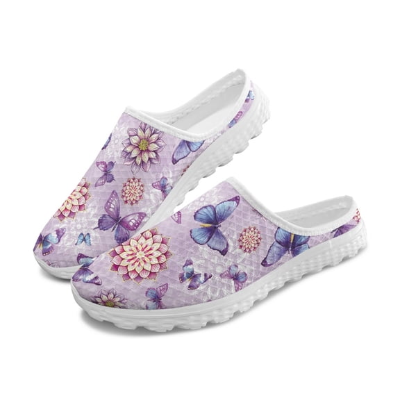 Chririnla Purple Butterfly Floral Mesh Slip On Clogs | Breathable Lightweight Summer Shoes for Unisex
