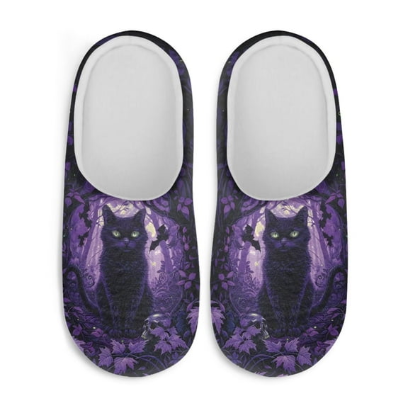 Chririnla Purple Cat Bat Women's Plush Slippers Soft Fuzzy Warm Keep Warm Anti-slip Memory Foam Cozy Comfy Indoor Home Slippers