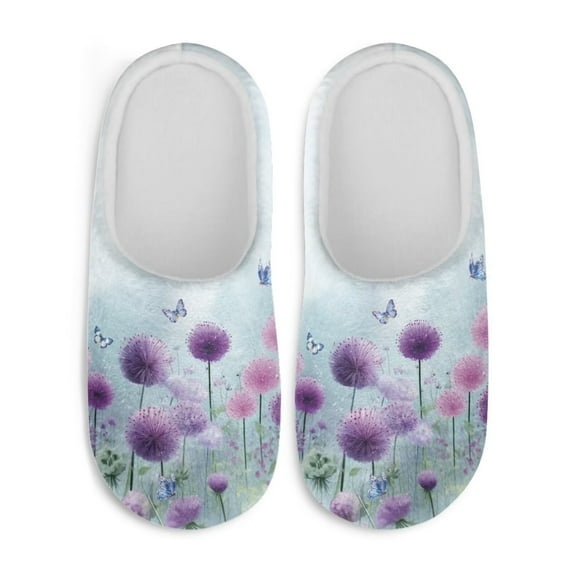 Chririnla Purple Dandelion Butterfly Plush Slippers Soft Fuzzy Fluffy Warm Keep Warm Cozy Comfy Memory Foam Fur Lined Indoor Bedroom Home Slippers