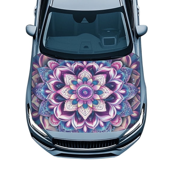 Chririnla Purple Floral Mandala Car Hood Cover Portable Stretch Fabric Car Hood Cover Protector for Outdoor