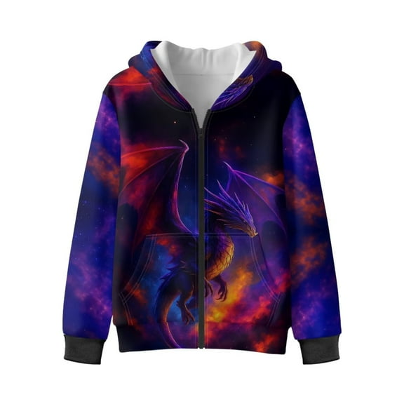 Chririnla Purple Galaxy Dragon Fluffy Sweatshirt for Boys and Girls - kid Fuzzy Hoodie Comfy Casual Zip Up Jacket for Daily Use and Outdoor