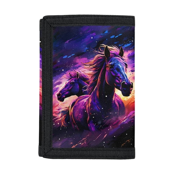 Chririnla Purple Running Horses Pattern Trifold Card Wallet, Polyester Children's Wallet for Sports, Lightweight Portable Kids Trifold Wallet