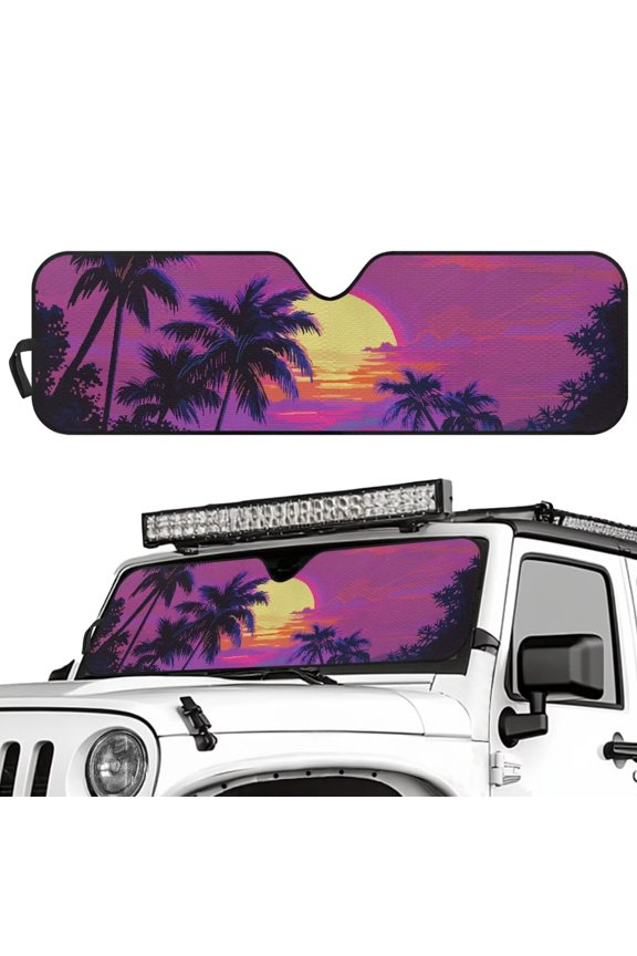 Purple Sunset Coconut Tree Windshield Sunshade Sun Shade Heat Shield Sun Visor Mat Compatible with Rubicon Sahara TJ JK JKU 2 & 4 Door Front Window Sunshade Keep Cooler,1pc