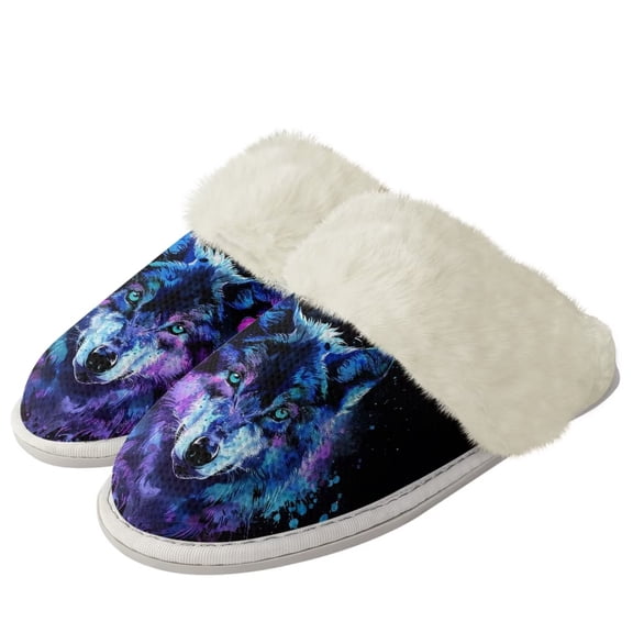 Chririnla Purple Wolf Head Fuzzy Slippers for Women Indoor Warm Plush House Shoes Non-Slip with Anti-Skid Sole Winter Home Slippers