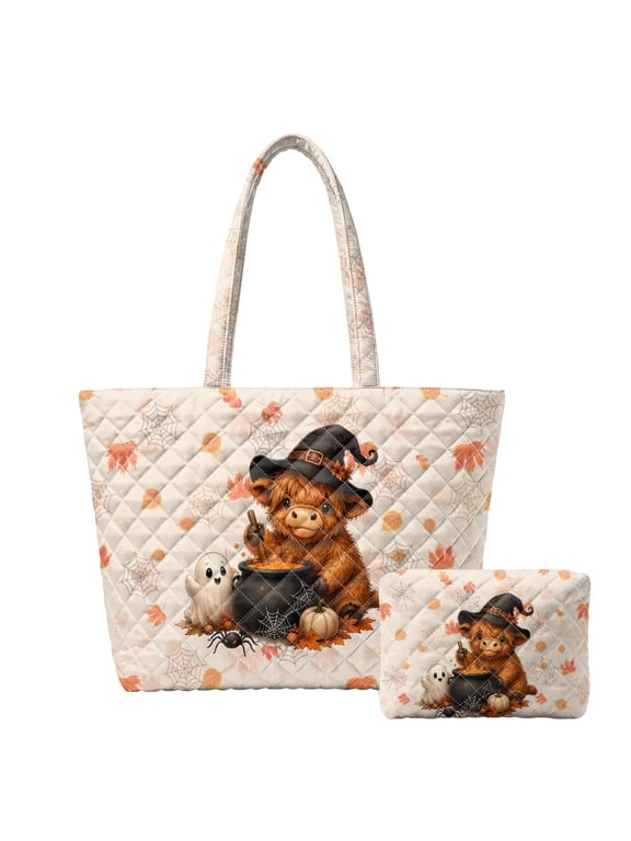 Purses and Handbags Set for Dating Travel, Soft Casual Women's Quilted Bag 2 Packs Quilted Shoulder Bags Halloween Highland Cow Pattern