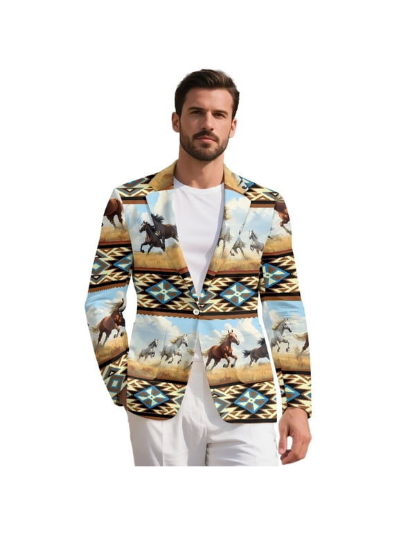 Racing Horse South Aztec Suit Blazer for Men's Jackets Regular Fit Casual Sports Coats Lightweight One Button Open Front Derby Blazer Suit