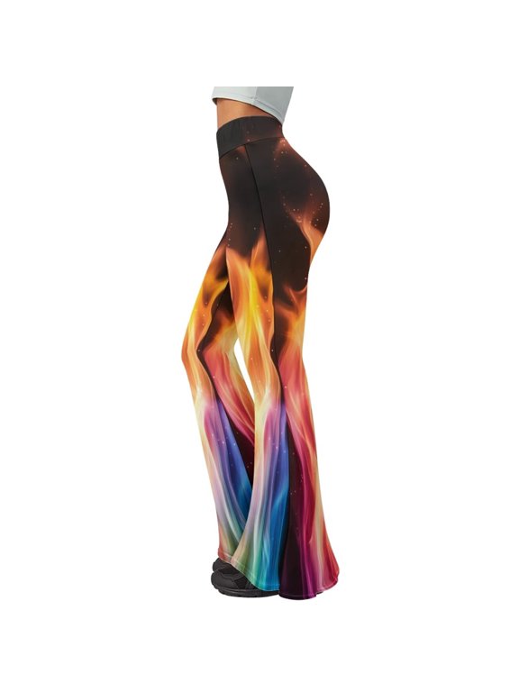 Rainbow Fire Print Flare Leggings High Waist Tummy Control Workout Gym Yoga Pants Comfy Soft Wide Leg Bootcut Athletic Stretch Pants for Women