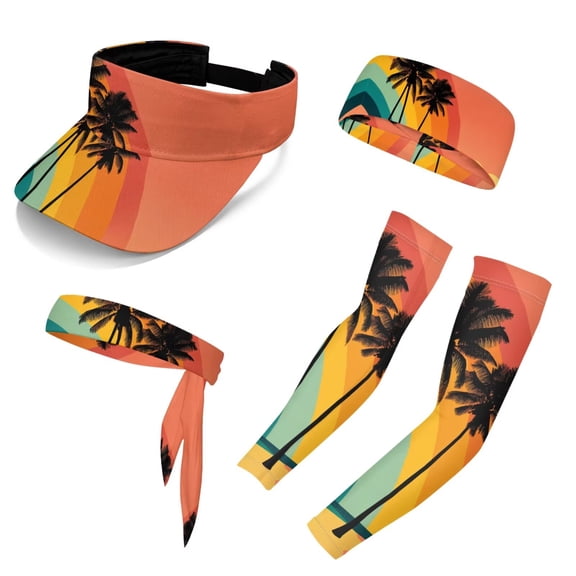 Chririnla Rainbow Palm Tree Print Sport Sun Visor Hats for Mens Women,Adjustable Empty Top Cap,Stretch Sweatband,Compression Arm Sleeves for Summer Athletic