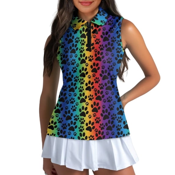 Chririnla Rainbow Paws Golf Shirt for Women Collared Tennis Tank Top with Zip Summer Quick Drying Golf T-Shirt Size S