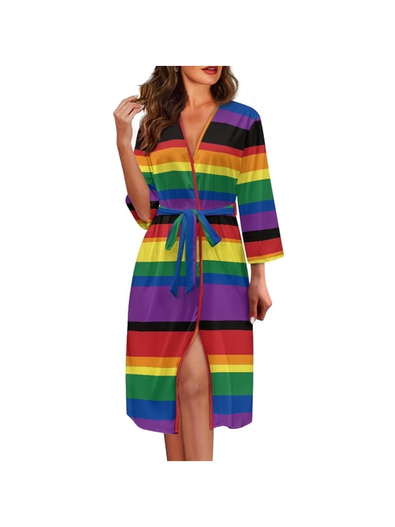 Rainbow Stripes Nightgowns for Women Long Sleeve Loungewear, Soft Long Towel Robes Plus Size Bathrobe for Travel Vacation Holiday