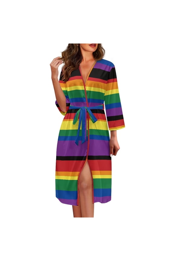 Rainbow Stripes Nightgowns for Women Long Sleeve Loungewear, Soft Long Towel Robes Plus Size Bathrobe for Travel Vacation Holiday
