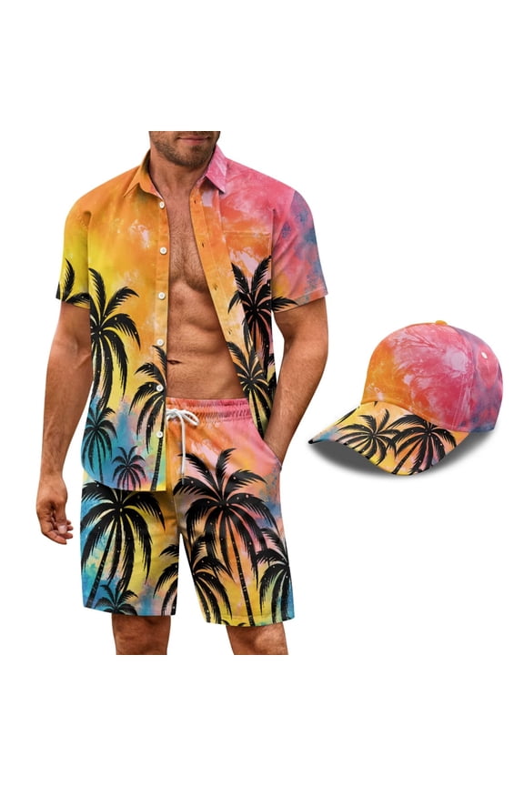 Rainbow Sunset Mens 2Piece Vacation Outfit Palm Tree Print Button Down Shirt and Drawstring Waist Short for Men Plus Size with Matching Baseball Hats