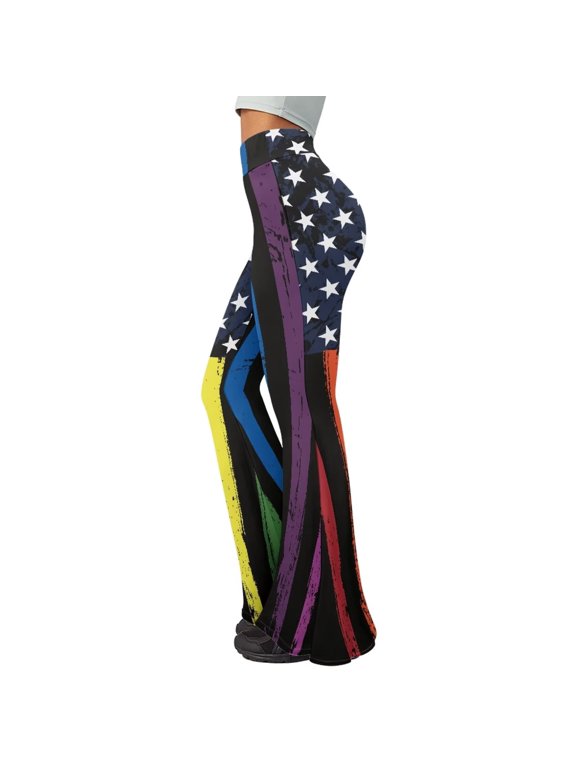 Rainbow US Flag Print Women High Waist Flare Yoga Pants Butterfly Soft Tummy Control Workout Pants Pride Flag Wide Leg Bell Bottoms Leggings for Sports Running