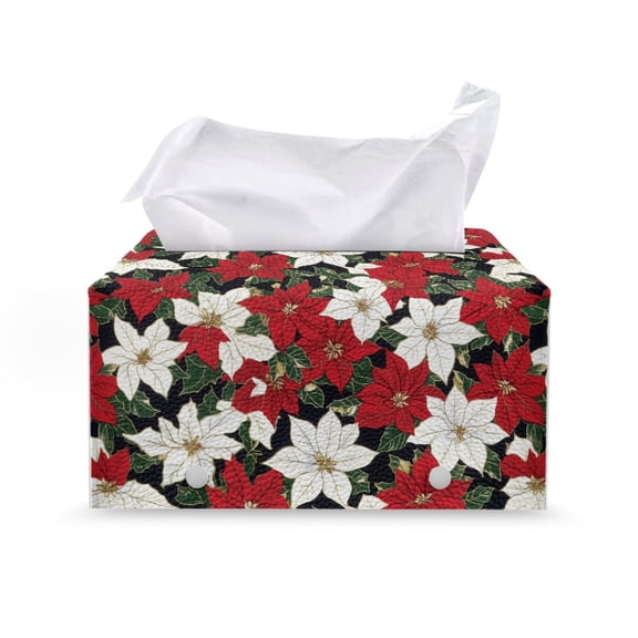 Chririnla Rectangle Tissue Box Cover, Christmas Poinsettia Home Decor Easy to Carry Funda para caja de pañuelos for Office, PU Leather Rectangle Tissue Dispenser Box